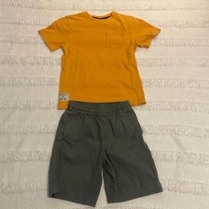 Gymboree top short sleeve 100% cotton gold boys size 8 & olive green shorts 7X